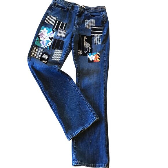 Boho Hippie Patch Jeans, Size 8 Long: Upcycled, Tropical Patchwork, Giraffes - Picture 3 of 16